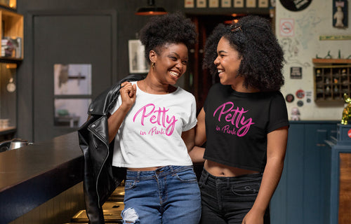 Petty in Pink crop top t-shirts. On Sale Now. Available in black and white.